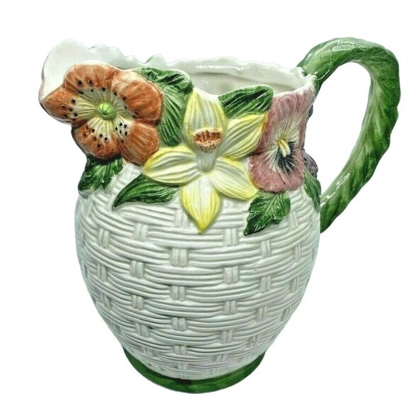 Fitz & Floyd Spring Flowers 1 1/2 Quart Pitcher Vintage 1995 Y2K Wicker - Picture 1 of 11
